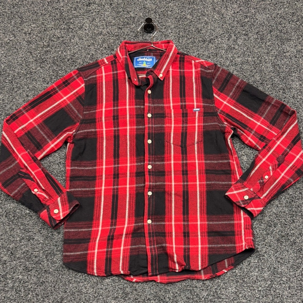 Chubbies Flannel Shirt Womens Large Red Black Plaid Button Down Stretch Cabin